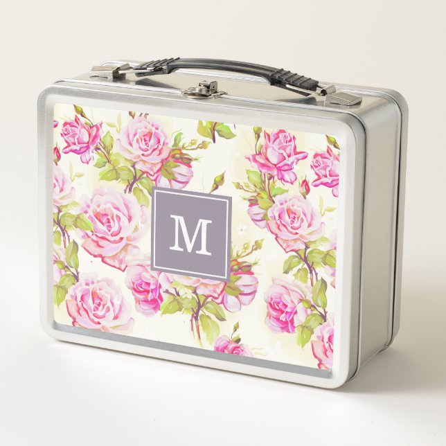 Custom Floral Pattern Old Roses Monogram Lunchbox (Front)