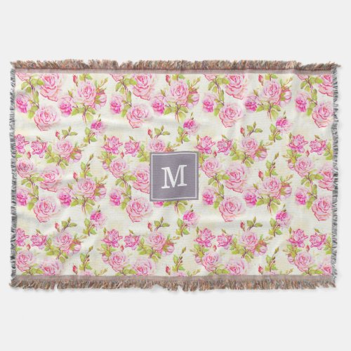 Custom Floral Pattern Old Roses Monogram Throw B Throw Blanket