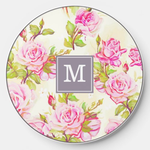 Custom Floral Pattern Old Roses Monogram WC Wireless Charger