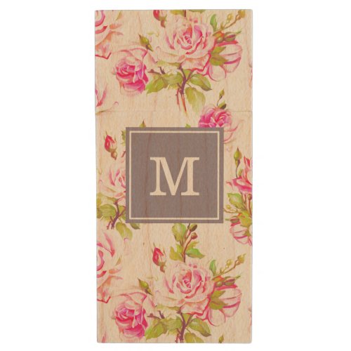 Custom Floral Pattern Old Roses Monogram Wood USB Wood Flash Drive