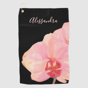 Custom Floral Peach Pink Orchid Hand Painted Black Golf Towel