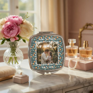 Custom Floral Photo Engagement  Compact Mirror