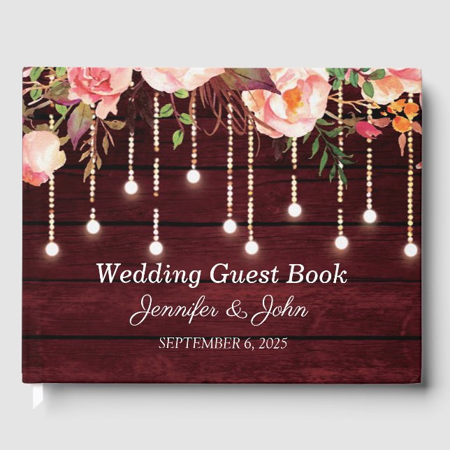 Custom Floral Pink Roses Rustic Wood Wedding Guest Book (Front)