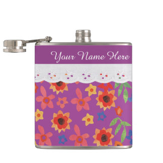 Custom Floral Print on Magenta Hip Flask
