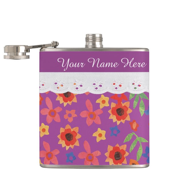 Custom Floral Print on Magenta Hip Flask (Opened)