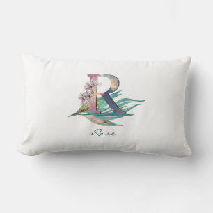 Custom Floral R Letter Watercolor Foliage Monogram Lumbar Pillow
