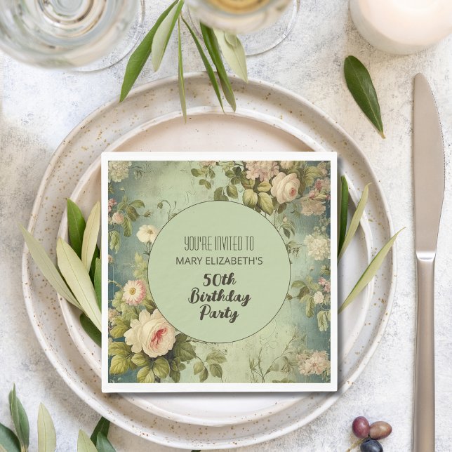 Custom Floral Rose Greenery BIrthday Party Napkins (Creator Uploaded)