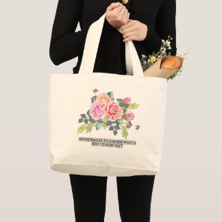 Custom Floral Roses Replace Artwork Photo Slogan Large Tote Bag