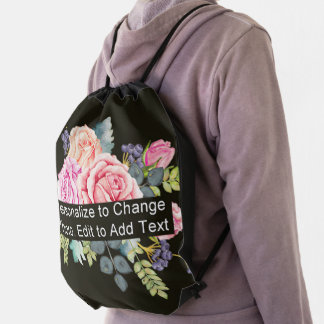 Custom Floral Roses Replace Artwork Slogan Drawstring Bag