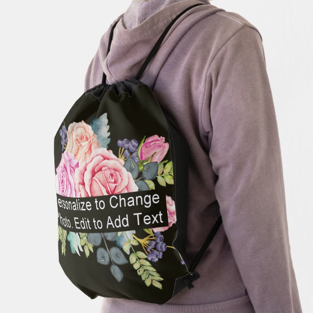 Custom Floral Roses Replace Artwork Slogan Drawstring Bag (Insitu)
