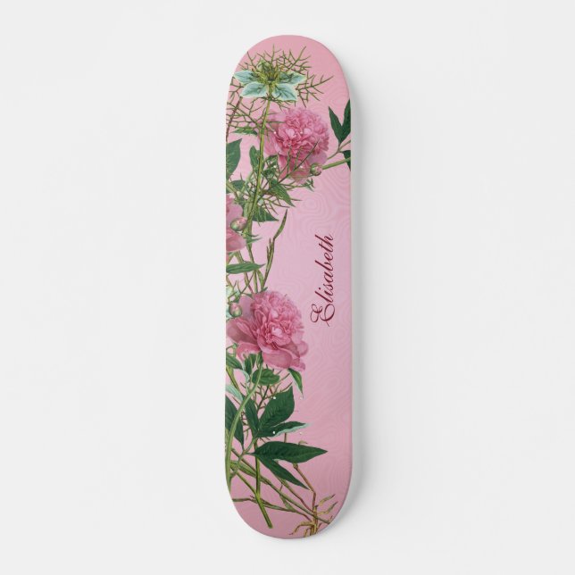 Custom floral rustic peony themed personalized skateboard (Front)