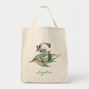 Custom Floral S Letter Watercolor Foliage Monogram Tote Bag