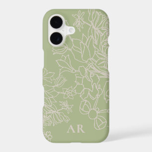 Custom Floral Sage Green Beige Line Art Hand Drawn iPhone 17 Case