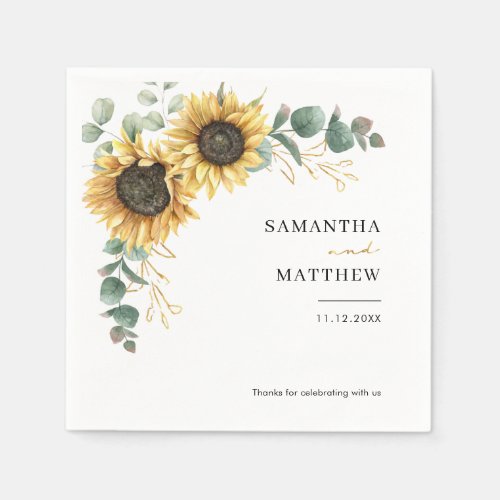 Custom Floral Sunflower Eucalyptus Wedding Paper Napkins
