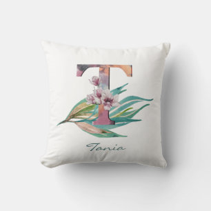 Custom Floral T Letter Watercolor Foliage Monogram Throw Pillow
