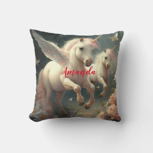 Custom floral Unicorns flying little pony     Throw Pillow
