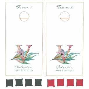 Custom Floral V Letter Watercolor Foliage Monogram Cornhole Set