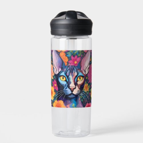 Custom Floral Water Bottle Sphynx Cat Art Flowers