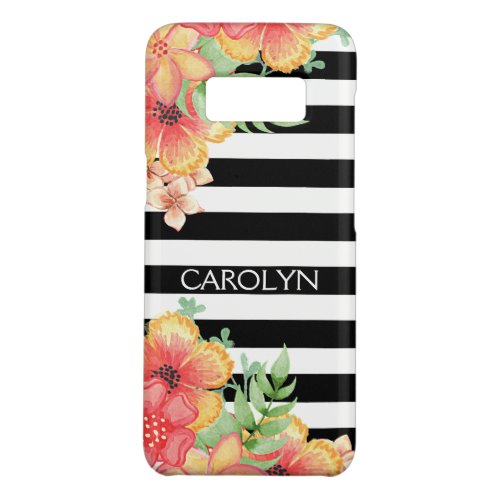 Custom Floral Watercolor Art Black White Stripes Case_Mate Samsung Galaxy S8 Case