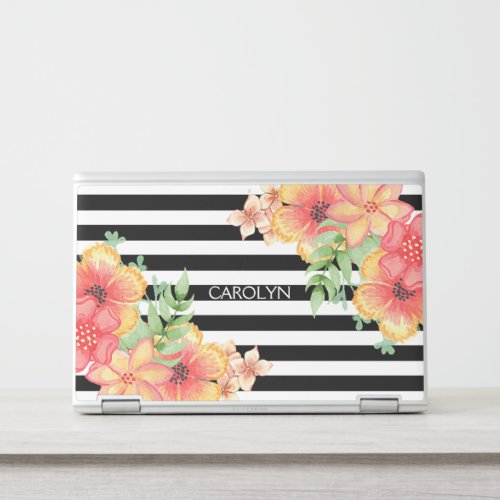 Custom Floral Watercolor Art Black White Stripes HP Laptop Skin