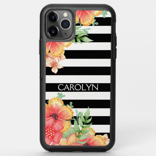 Custom Floral Watercolor Art Black White Stripes OtterBox Symmetry iPhone 11 Pro Max Case