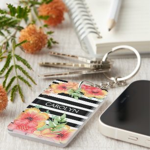 Custom Floral Watercolor Black White Stripes Keychain