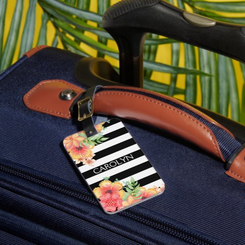 Custom Floral Watercolor Black White Stripes Luggage Tag