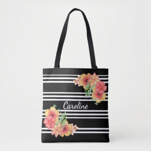 Custom Floral Watercolor Black White Stripes Tote Bag