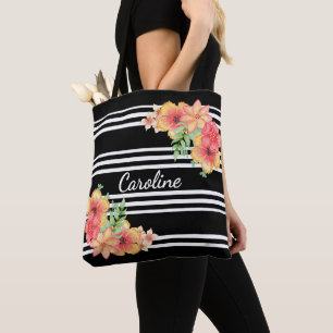 Custom Floral Watercolor Black White Stripes Tote Bag