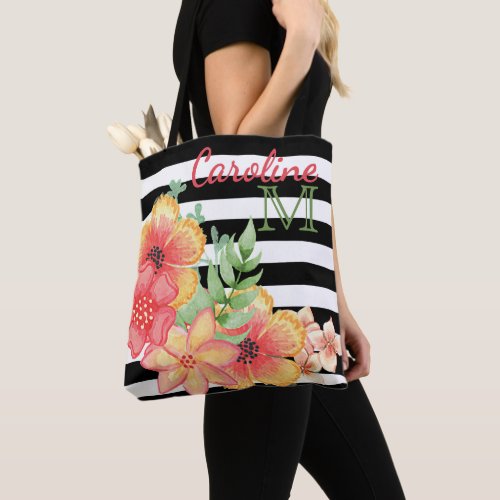 Custom Floral Watercolor Black White Stripes Tote Bag