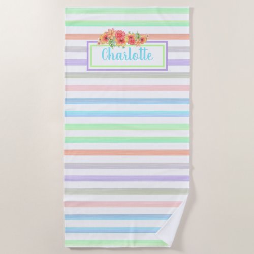 Custom Floral Watercolor On Stripes Art Pattern Beach Towel