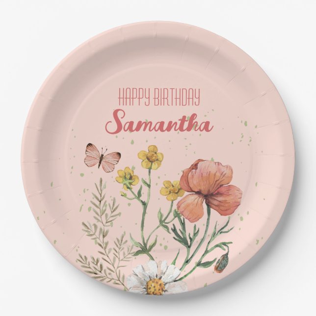 Custom Floral Wildflower BIrthday Party Paper Plates (Front)