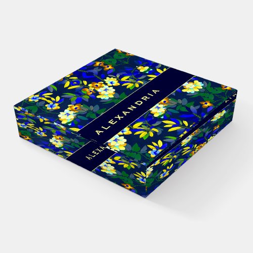 Custom Floral with Name  Navy  Yellow Flowers Paperweight