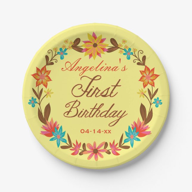 Custom Floral Wreath 1st Birthday Paper Plate (Front)