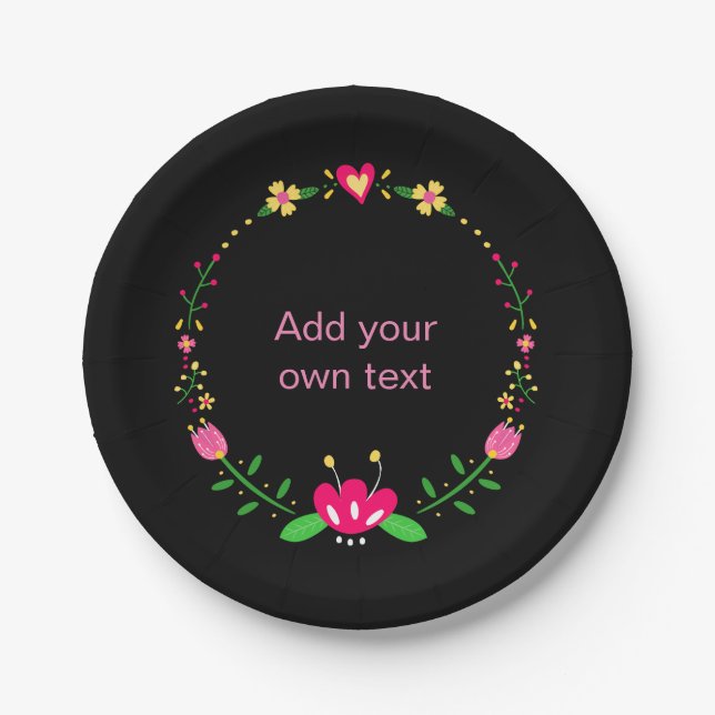 Custom Floral Wreath on Black Paper Plates (Front)