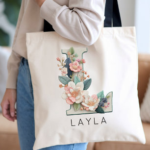 Custom Flower Monogram Bridesmaid Wedding Favor Tote Bag