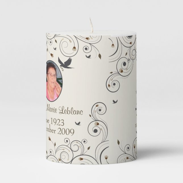 Custom Flowers and Swirls Memorial Keepsakes Poem Pillar Candle (Front)