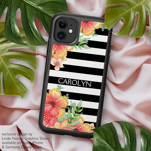 Custom Flowers Art And Black White Stripes Pattern iPhone 13 Case