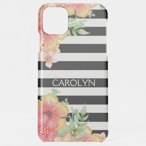 Custom Flowers Art And Black White Stripes Pattern iPhone 11 Pro Max Case