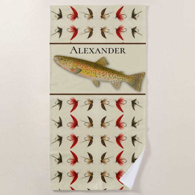 Custom Fly Fishing Flies Trout Rustic Watercolor Beach Towel (Front)