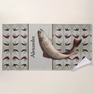 Custom Fly Fishing Vintage Flies Rainbow Trout Beach Towel