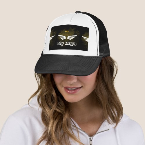 Custom Fly High Text Image White and Black Color Trucker Hat