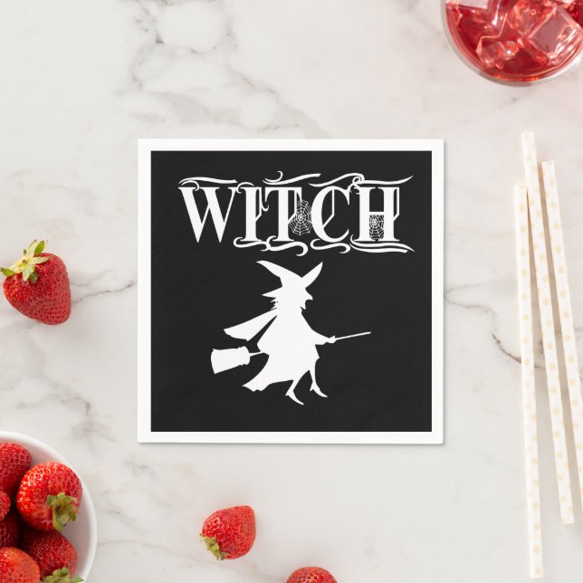 Custom Flying Witch White Typography Halloween Napkins (Insitu)