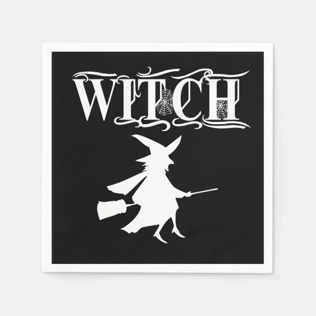 Custom Flying Witch White Typography Halloween Napkins (Front)