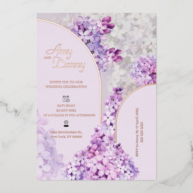 Custom Foil Watercolor Floral Lilac Wedding Foil Invitation (Front)