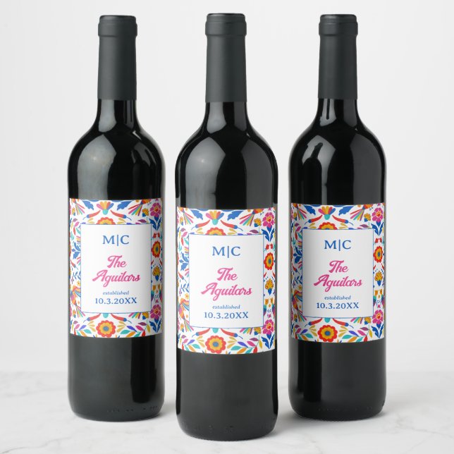 Custom Folk Art Floral Fiesta Monogram Wedding Wine Label (Bottles)