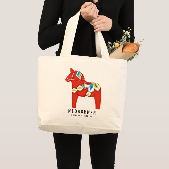 Custom Folk Art Red Dala Horse Large Tote Bag (Front (Product))