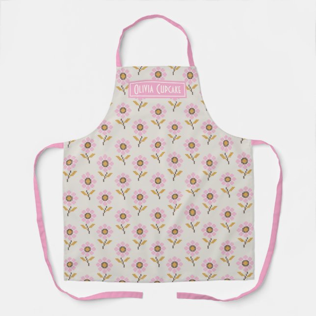 Custom Folk Cross Stitch Floral Pattern Apron (Front)