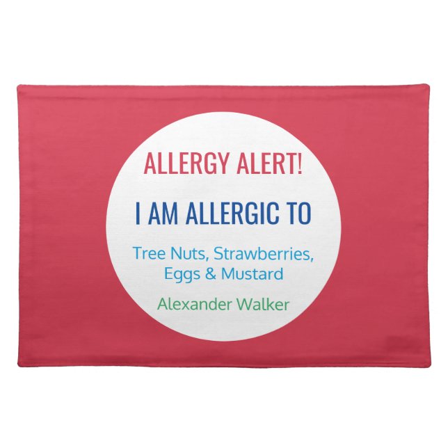 Custom Food Allergy Alert Personalized Kids Placemat (Front)