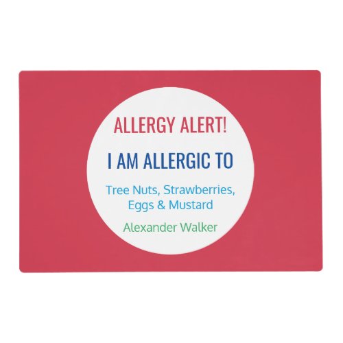 Custom Food Allergy Alert Personalized Kids Red Placemat